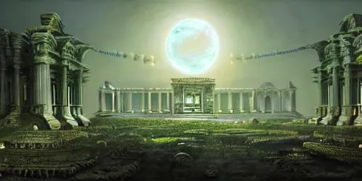 Image similar to beautiful hyperrealistic spectacular painting of intricate ruins of the mysterious futuristic ancient temple, an advanced alien technology clockwork timemachine with a green glowing crystal from the future is inside the temple, by hubert robert and lee madwick and bastien lecouffe deharme, dramatic moonlight lighting