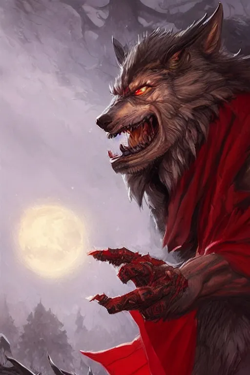 Image similar to werewolf warrior in red cape, d & d, fantasy, portrait, highly detailed, headshot, digital painting, trending on artstation, concept art, sharp focus, illustration, art by artgerm and greg rutkowski and magali villeneuve