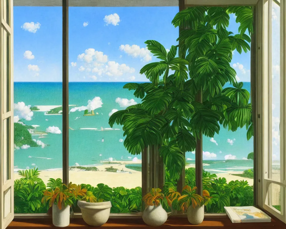 Prompt: view from an office window looking out at a tropical beach by raphael, hopper, and rene magritte. detailed, proportional, romantic, vibrant, enchanting, achingly beautiful, graphic print, trending on artstation, jungle, tropical, foliage, white flowers