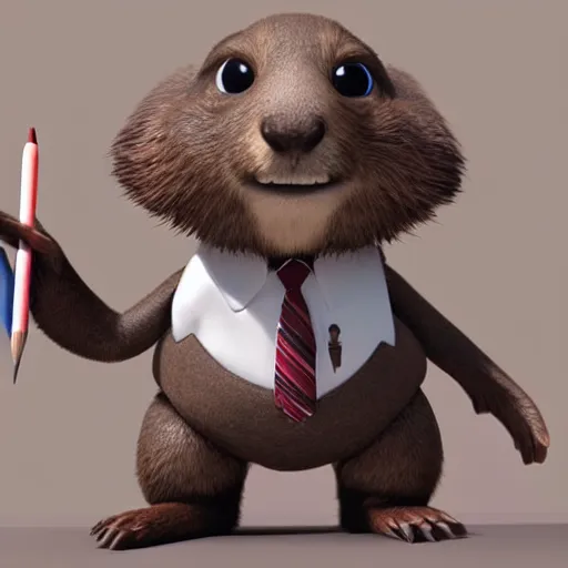 Prompt: cute anthro brown marmot in a suit while holding a pencil, cartoon, digital art, 3 d rendered in octane, pixar character, blender, maya, shadows, lighting