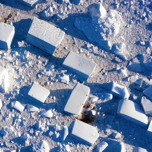 Image similar to sattelite image of post pocaliptic snow from 250 meters height, old lumber mill remains, few crates with wood and supply, beautiful icy area