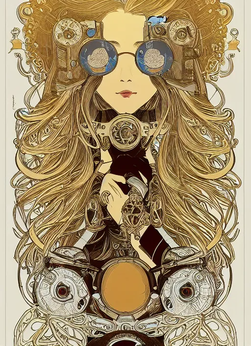 Image similar to photographer looking through camera, design on white background, gnarly details, gold, drawn by studio ghibli, alphonso mucha, lolish, trending on artstation