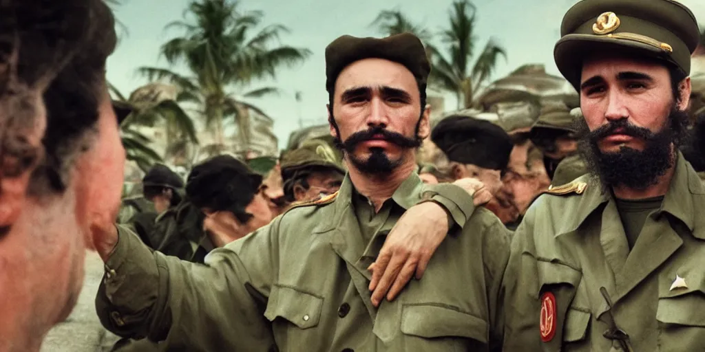 Prompt: James Franco as Fidel Castro in 'Cuba: The Movie' (2024), movie still frame, oscar nominated cinematography, volumetric lighting, 8k resolution, beautiful composition