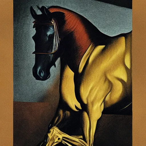 Prompt: ripped physique portrait horse-face Nightmarish Horse Man Warlock the Bobby Fischer camouflaged as a Pony wearing a yellow hoodie eyvind earle greg rutkowski edgar degas andrew wyeth giorgio de chirico