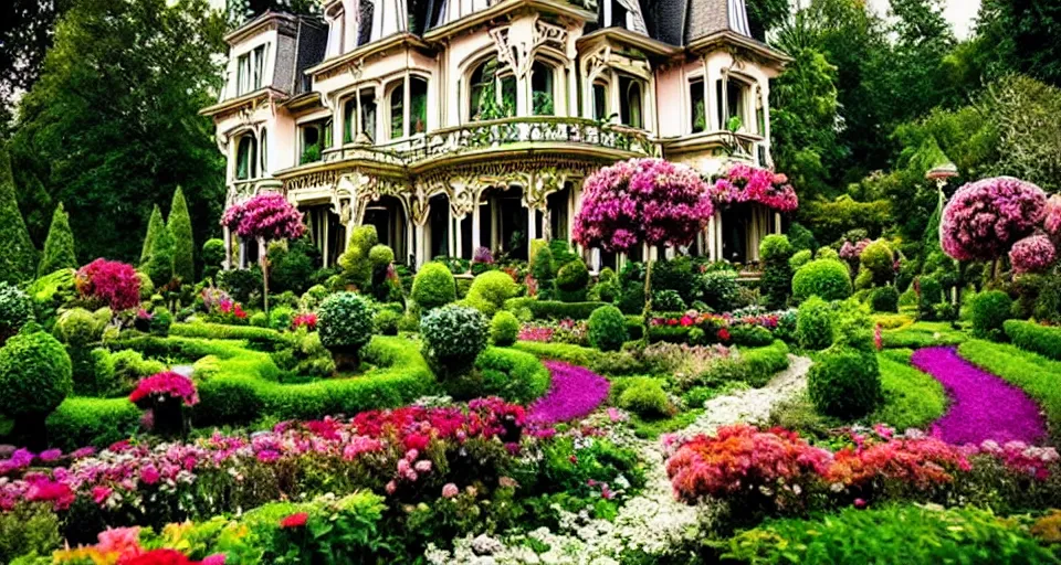 Prompt: An incredibly beautiful scene from a 2022 film featuring an art nouveau mansion flower garden.