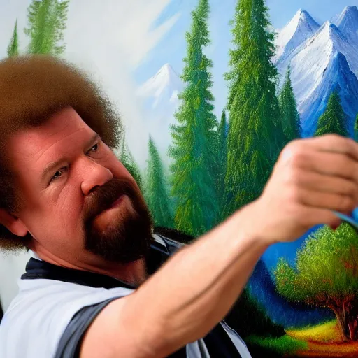 Image similar to a closeup photorealistic photograph of bob ross adding the finishing touches on a canvas painting of kenny powers. mountains and trees. film still. brightly lit scene. this 4 k hd image is trending on artstation, featured on behance, well - rendered, extra crisp, features intricate detail, epic composition and the style of unreal engine.