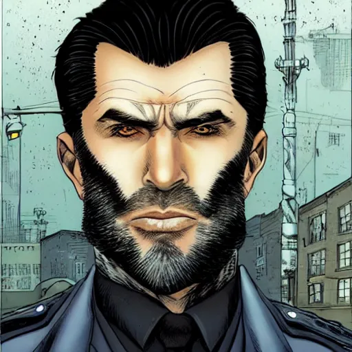 Image similar to portrait of a greying pale vampire police officer with short hair and a patchy beard, close up, grimy streets backdrop, highly detailed, sharp focus, perfect eyes, art by russell dauterman and patrick gleason