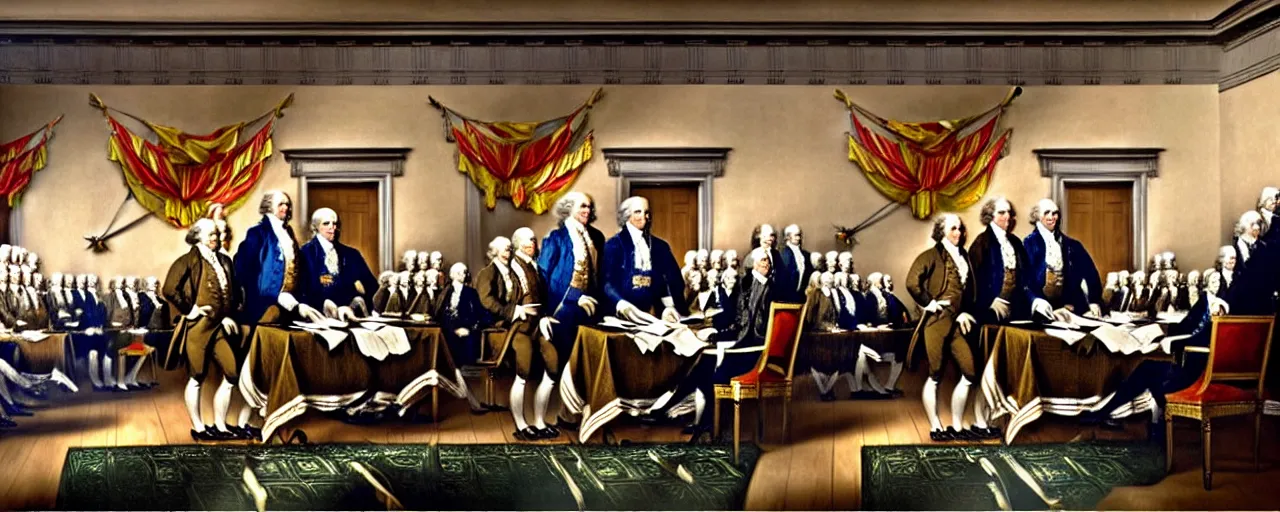 Image similar to the signing of the us declaration of independence, using spaghetti, small details, intricate, canon 8 0 mm, cinematic lighting, wes anderson film, kodachrome