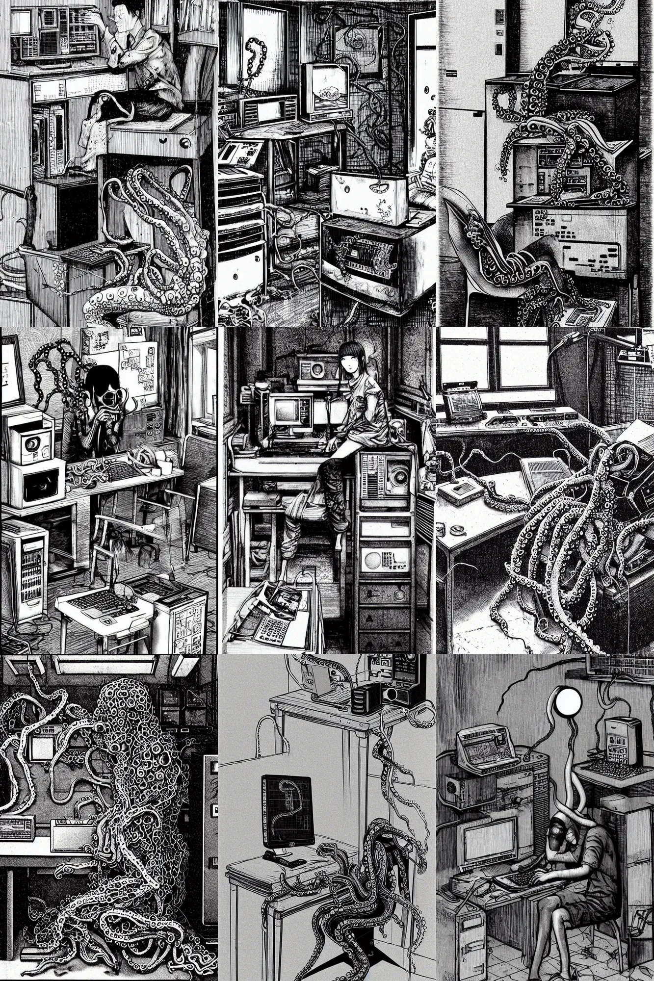 Prompt: Hikkikomori in soviet appartment, sitting on an old computer with tentacles by Masahiro ito, highly detailed