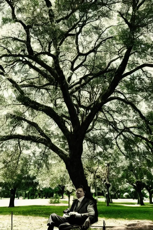 Image similar to a detective from the 5 0's, sitting in a park under a big tree