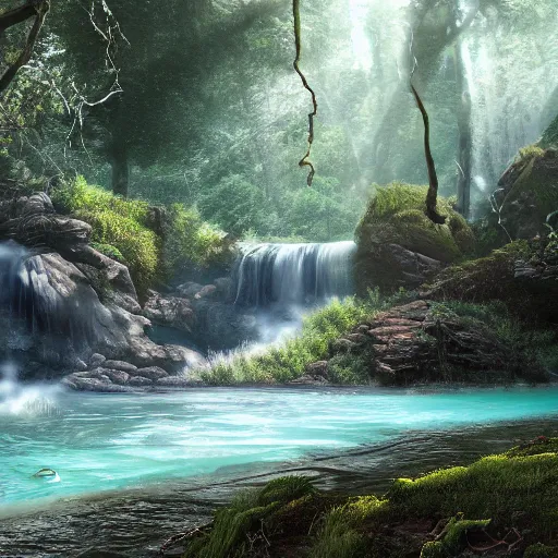 Image similar to photorealistic fantasy concept art of a sea monster swimming near a waterfall foggy forest, dynamic lighting, cinematic, ray tracing, sun rays, majestic