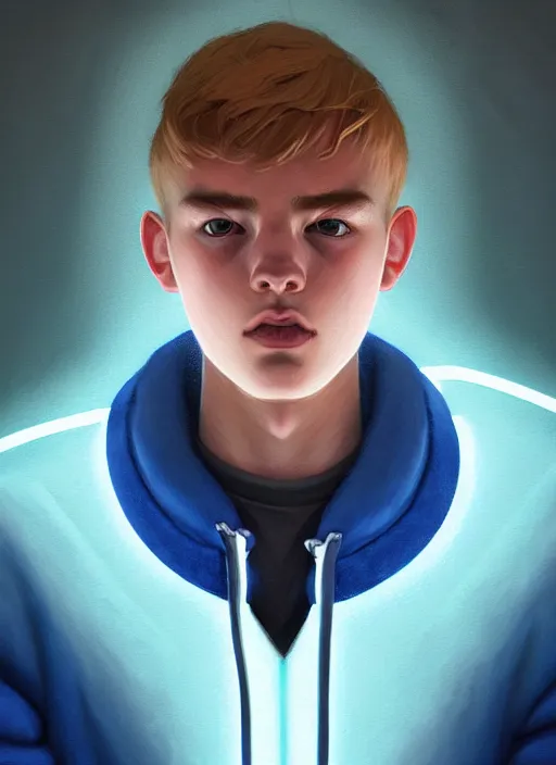 Image similar to portrait of high school senior boy named big moose, blonde short hair, jock, beefy, wide face, square jaw, square facial structure, blue varsity jacket with letter r, intricate, elegant, glowing lights, highly detailed, digital painting, artstation, concept art, sharp focus, illustration, art by wlop, mars ravelo and greg rutkowski