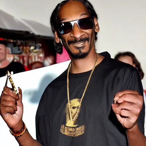 Image similar to Snoop Dog with big eyes eye color red , smiling and holding a joint in his hand