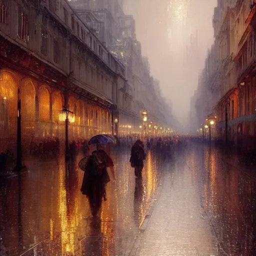 Prompt: a beautifull intricate city, wet sidewalk, peoples, reflexions, raindrops, high details by william turner art, greg rutkowski and alphonse mucha, trending on artstation, very very detailed, masterpiece,