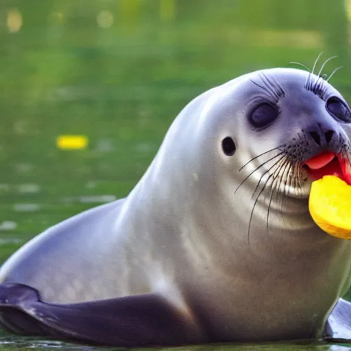 Image similar to a baby seal with a yellow tie eating watermelon in the harbor