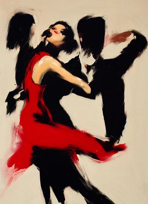 Image similar to tango dancerin in black and red dress, painting by phil hale, fransico goya,'action lines '!!!, graphic style, visible brushstrokes, motion blur, blurry, visible paint texture, crisp hd image