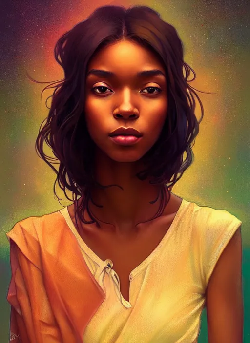 Image similar to handsome young black women with shoulder length brown hair, half body shot, path traced, highly detailed, high quality, digital painting, alena aenami, lilia alvarado, shinji aramaki, karol bak, alphonse mucha, tom bagshaw