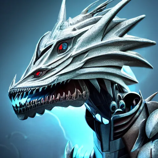 Image similar to stunning headshot of a beautiful anthropomorphic robot female dragon, with smooth and streamlined armor, standing and posing elegantly, well detailed dragon head with epic detailed LED eyes maw, sharp and dangerous sleek design, two arms, beautiful digital art, artstation, DeviantArt, FurAffinity, professional, depth of field, close-up, hd, octane render, sunset lighting