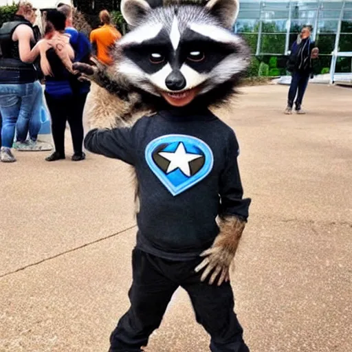 Prompt: A 9 year old child dressed up as the raccoon-inspired superhero The Coon