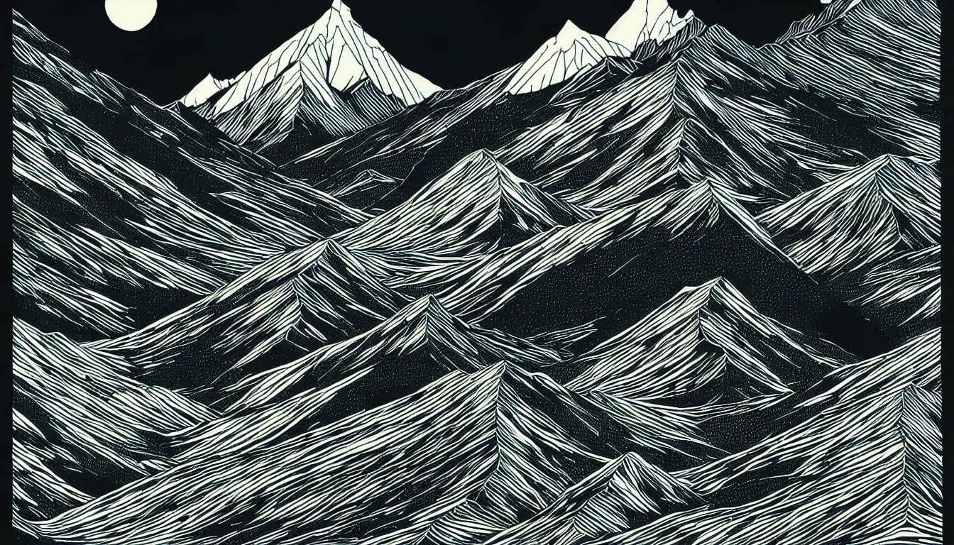 Image similar to himalayas by dan mumford and peter doig and edward hopper, symmetrical, minimal, black ink, thick lines highly detailed, muted colours 8 k