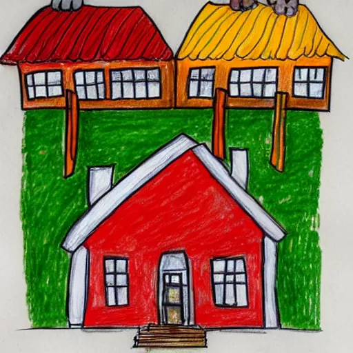 Prompt: drawing of a house with kids made out of food leftovers. Highly detailed. Art by Gordon Ramsey