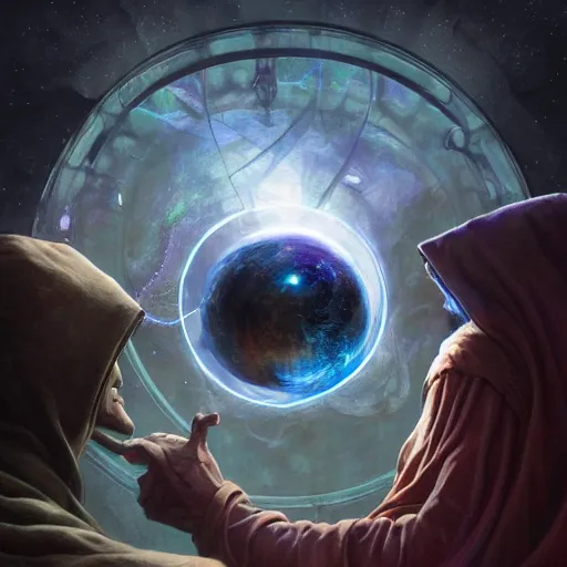 Image similar to the creators of worlds wearing cloaks, standing in a circle and holding a holographic planet projection in his hand, detailed, sci - fi, digital painting, artstation, sharp focus, illustration, ominous, artgerm, tomasz alen kopera, peter mohrbacher, donato giancola, joseph christian leyendecker, wlop, frank frazetta