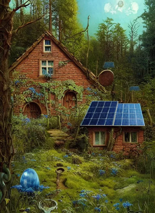 Image similar to hyper realistic witch cottage with solar panels with happy lighting and technology in the woods gorgeous lighting, sunbeams blue sky, lush forest foliage painting by zdzisław beksinski and norman rockwell and greg rutkowski weta studio, and lucasfilm