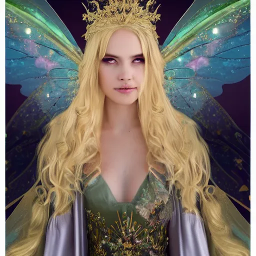 Image similar to detailed portrait of a fairy queen with wings wearing a magic silk and lace robe with a hood, crown, pixie, iris, realism, detailed eyes, emerald, galaxy, sapphire,blonde hair going down to the floor, moonlit, dark fantasy, dramatic lighting, cgsociety, artstation