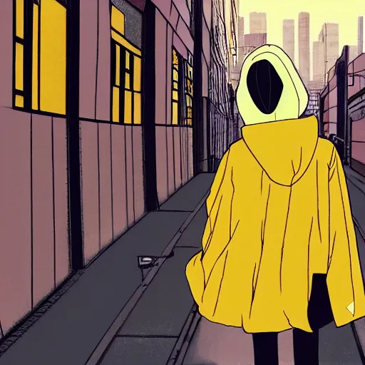 Prompt: girl wearing massive yellow raincoat, face obscured by cowl, yellow raincoat, cel - shading, 2 0 0 1 anime, flcl, jet set radio future, golden hour, japanese town, concentrated buildings, japanese neighborhood, electrical wires, cel - shaded, strong shadows, vivid hues, y 2 k aesthetic