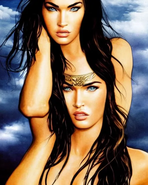 Image similar to megan fox as a hot Greek goddess in the sky, highly detailed, detailed face, beautiful face