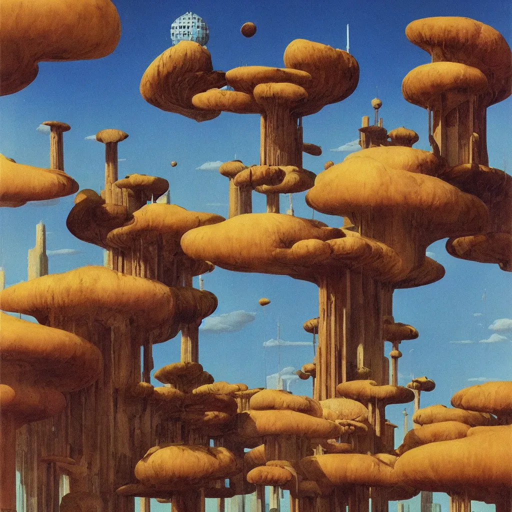 Image similar to a single! colorful!! fungus tower clear empty sky, a high contrast!! ultradetailed photorealistic painting by dean ellis, roger dean and giorgio de chirico, hard lighting, masterpiece