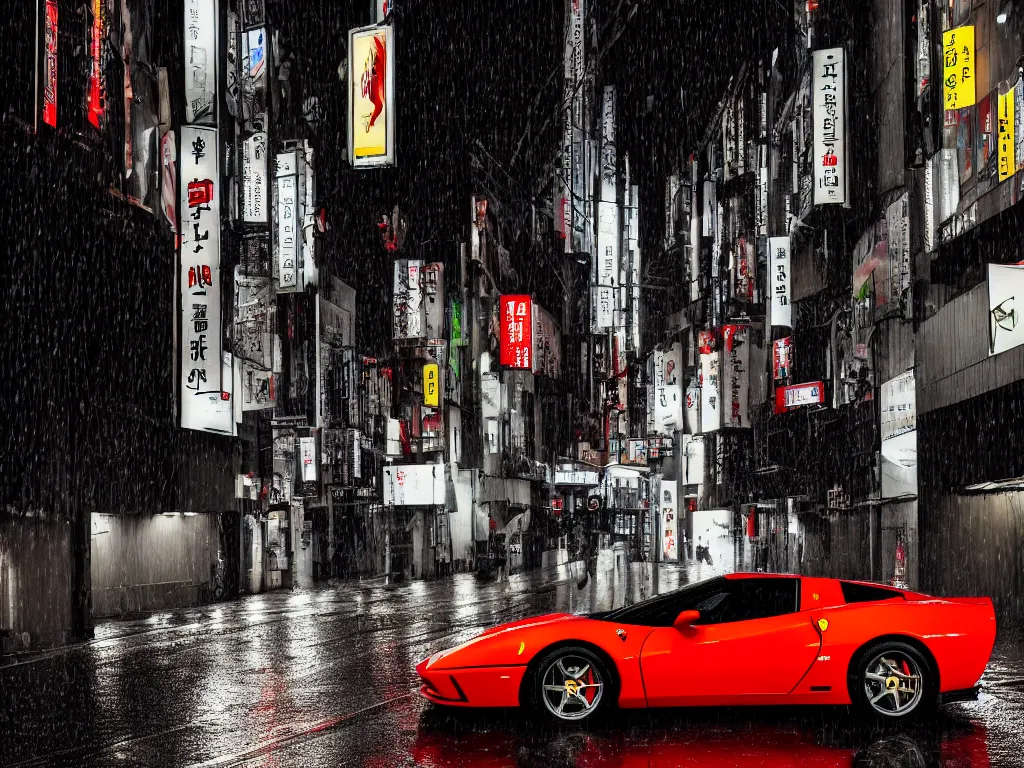 Image similar to Ferrari Lamborghini Corvette super car driving down a wet street at night in Tokyo, octane, hdr, 8k
