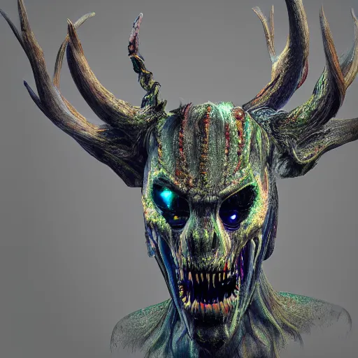 Image similar to Photorealistic Wendigo Beast of the eerie forest. Hyperdetailed photorealism, 108 megapixels, amazing depth, glowing rich colors, powerful imagery, psychedelic Overtones, 3D finalrender, 3d shading, cinematic lighting, artstation concept art