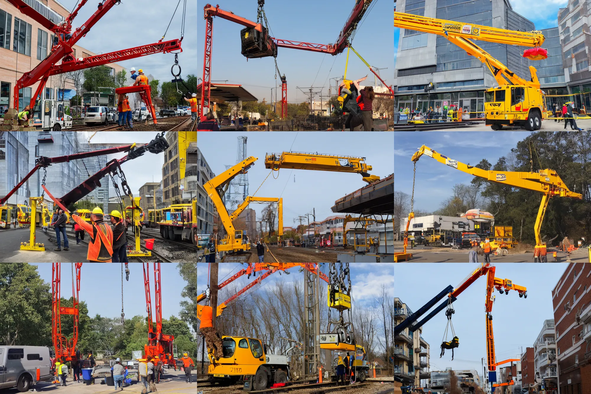 Prompt: hoisting crane grabs a person from the line going to the store