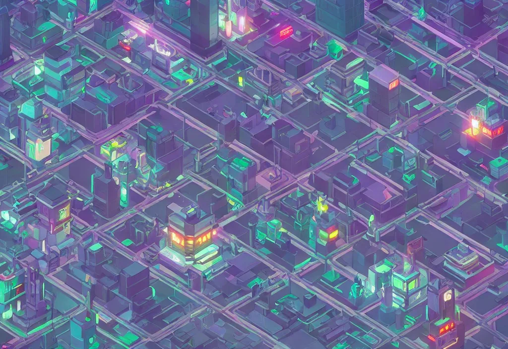 Image similar to a futuristic cityscape in isometric style, at night, deviantart, trending on artstation