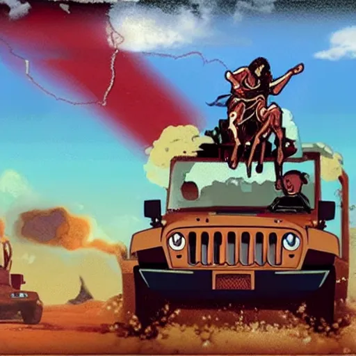 Prompt: jesus with a machine gun riding a jeep, explosions in the background