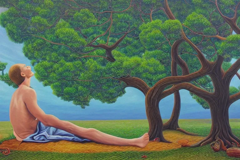 Image similar to painting of a peaceful man relaxing under a tree by alex grey, acrylic art, calm, soothing, cosy, elegant, soft light,