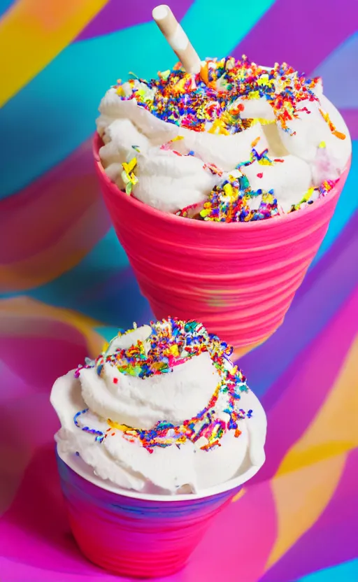 Prompt: soft serve ice cream swirl in a cup. food photography. colorful sprinkles on top. cinematic, delightful, tasty, beautiful, great lights in behind. realistic. details. canon ef - s 3 5 mm f / 2. 8 macro is stm