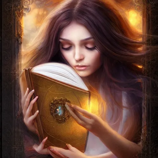 Prompt: a girl with magic book coming out from her arms, under the skin, ultradetailed, hair flowing down, 8 k, hyperrealistic, hyperdetailed, fantasy portrait by laura sava