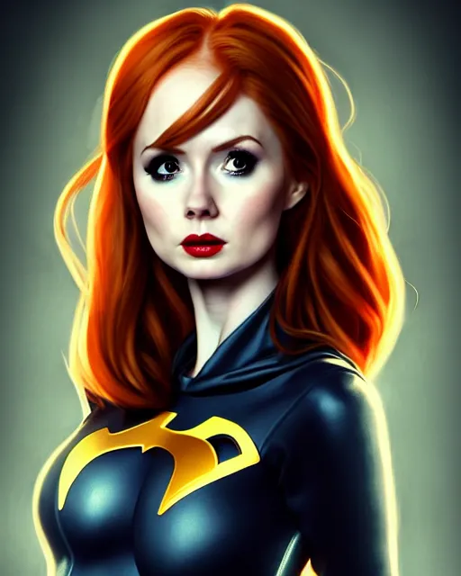 Image similar to Karen Gillan Batgirl, redhead, full body Batgirl costume with cape, no mask, symmetrical face symmetrical eyes, leaping from a building, illustration, artstation, cinematic lighting, hyperdetailed, cgsociety, 8k, high resolution, Charlie Bowater, Tom Bagshaw, Norman Rockwell, insanely detailed and intricate