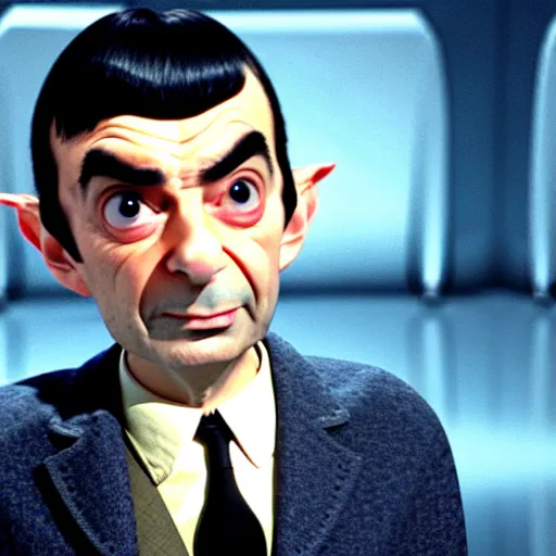 Image similar to mr. bean as mr. spock from star treck. movie still. cinematic lighting.