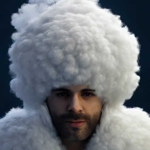 Image similar to beautiful 3D rendered fictional character, his head is made of fluffy clouds, wearing white suit, realistic, 8k, 4k, unreal engine, by Antoni Tudisco, artstation