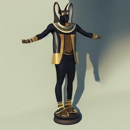 Prompt: “ egyptian god anubis in modern clothes, 3 d aesthetic lighting ”