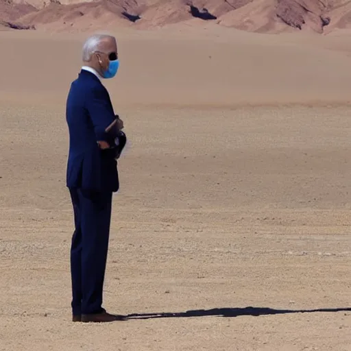Prompt: a far away shot of Joe Biden standing in the middle of the desert