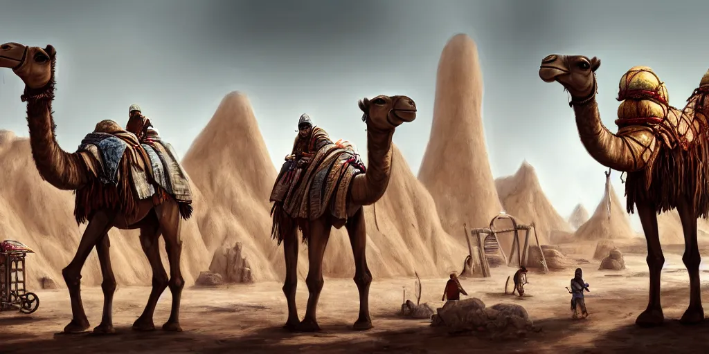 Image similar to bipedal humanoid camel merchants in town square, tents, matte oil painting, retrofuturistic, concept art, quarrying, science fantasy, mutant, lgbt, rpg, epic, rusted, white salt, badlands, jungles, dungeons & dragons, sacred, sharp focus, award - winning, extremely detailed, 4 k, 8 k