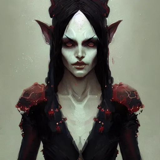 Image similar to trending on artstation, dhamphir, vampire, character design, concept art, style of greg rutkowski, makoto shinkai, symmetrical face, forward facing, fantasy armor, highly detailed, digital art, witch, female