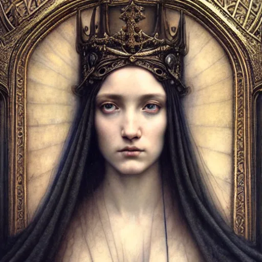 Image similar to detailed realistic beautiful young medieval queen face portrait by jean delville, tom bagshaw, brooke shaden, gustave dore and marco mazzoni, art nouveau, symbolist, visionary, gothic, pre - raphaelite, ornate gilded medieval icon, surreality, ethereal, unearthly, haunting, celestial, neo - gothic, ghostly