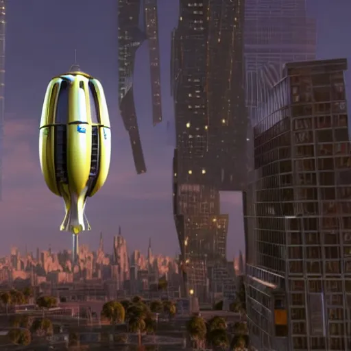 Image similar to a promotional movie still of a futuristic flying food truck is hovering high next to a tall building. candy is displayed with dramatic product lighting, the candy is pearlescent. a scene from fifth element ( 1 9 9 7 ), unreal engine 5, octane 3 d, render, imax 7 0 mm