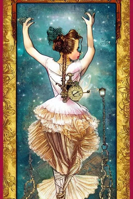 Image similar to beautiful digital oil vintage greeting card steampunk style ballerina key in back by Arthur Hughes