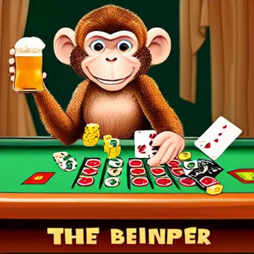 Image similar to Monkey drinking beer playing poker in the style of Disney,